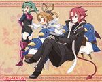  2girls angel_wings armor bad_id bad_pixiv_id barbara_(disgaea) blonde_hair blush bosutafu copyright_name demon_tail demon_wings detached_sleeves disgaea disgaea_d2 green_hair hairband long_sleeves multiple_girls open_mouth pointing pointy_ears prinny red_eyes red_hair red_sailor_collar sailor_collar short_hair sicily_(disgaea) sweatdrop tail wings xenolith 