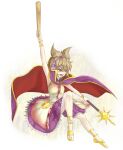  1girl armpits asymmetrical_dual_wielding bracelet breasts brown_eyes brown_hair cloak commentary_request dual_wielding earmuffs full_body hair_between_eyes holding jewelry looking_afar open_mouth pointy_hair purple_skirt ritual_baton shika_miso shirt short_hair skirt sleeveless sleeveless_shirt small_breasts smile solo touhou toyosatomimi_no_miko v-shaped_eyebrows white_shirt yellow_sandals 