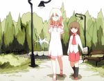  bad_id bad_pixiv_id bench blonde_hair blue_eyes braid brown_eyes brown_hair crossover dress forest fountain ia_(vocaloid) ib ib_(ib) lamppost long_hair mio_(jian_wei) multiple_girls nature path road twin_braids vocaloid walking 