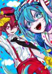  2girls black_necktie blue_dress blue_eyes bow confetti dress drill_hair gloves hair_between_eyes hat hat_bow hatsune_miku highres kasane_teto kepi looking_at_viewer mesmerizer_(vocaloid) military_hat multiple_girls n_neko_mizu necktie open_mouth pants pinstripe_dress pinstripe_hat pinstripe_pattern red_bow red_eyes red_hair red_hat red_pants sailor_collar shirt short_sleeves smiley_hat_ornament star-shaped_pupils star_(symbol) striped_bow striped_clothes striped_shirt suspenders symbol-shaped_pupils teeth tongue twin_drills utau visor_cap vocaloid white_bow white_shirt 