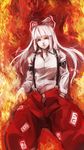  bad_id bad_pixiv_id baggy_pants buckle colored_eyelashes fiery_background fire fujiwara_no_mokou hand_in_pocket highres lisitsa long_sleeves pants parted_lips red_eyes shirt solo suspenders touhou white_hair white_shirt 