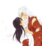  1girl animal_ears black_hair brown_eyes couple dog_ears hand_on_shoulder heart heart_of_string hetero higurashi_kagome inuyasha inuyasha_(character) japanese_clothes jewelry miko necklace petals red_string string watermark white_background white_hair yellow_eyes 