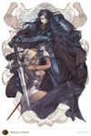  1girl armor art_nouveau ashram bad_id bad_pixiv_id belt black_hair blonde_hair cape character_name circlet dark_skin dieselburns dress elbow_gloves elf gloves official_art pirotess pointy_ears pose record_of_lodoss_war short_dress sword weapon 