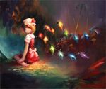  ankle_grab bad_id bad_pixiv_id barefoot blonde_hair bovod flandre_scarlet gradient gradient_background hat hat_ribbon light_particles looking_at_viewer no_mouth oil_painting_(medium) puffy_short_sleeves puffy_sleeves ribbon short_hair short_sleeves sitting skirt skirt_set solo touhou traditional_media wariza wings 