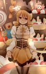  bad_id bad_pixiv_id beret blonde_hair cake charlotte_(madoka_magica) corset drill_hair food fruit hat highres mahou_shoujo_madoka_magica short_hair skirt smile sora-1123 strawberry thighhighs tomoe_mami twin_drills twintails yellow_eyes zettai_ryouiki 