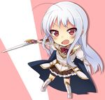  ahoge armor bad_id bad_pixiv_id bike_shorts bow bowtie braid breastplate cape chibi emilia_justina greaves hataraku_maou-sama! mishima_kurone open_mouth pauldrons red_eyes silver_hair skirt solo sword weapon yusa_emi 