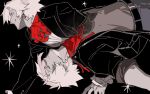  1boy ascot bandana bandana_around_neck belt black_background black_belt classicaloid grey_shirt highres long_sleeves ludwig_van_beethoven_(classicaloid) male_focus multiple_views octahooves red_ascot red_bandana shirt short_hair simple_background white_hair 