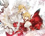  ahoge bad_id bad_pixiv_id blonde_hair bodysuit dress dual_persona epaulettes fate/extra fate/extra_ccc fate_(series) green_eyes hair_ribbon kyou_zip multiple_girls nero_claudius_(bride)_(fate) nero_claudius_(fate) nero_claudius_(fate)_(all) red_dress ribbon see-through veil 