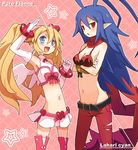  antenna_hair armpits bad_id bad_pixiv_id belt blonde_hair blue_eyes blue_hair blush bosutafu bow bracelet breasts character_name cleavage crossed_arms disgaea disgaea_d2 flonne groin hair_ornament heart jewelry laharl laharl-chan long_hair magical_girl medium_breasts multiple_girls navel open_mouth pink_bow pointy_ears pure_flonne ranguage red_eyes slit_pupils star twintails very_long_hair 