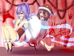  2girls alternate_costume barefoot black_shoes blood blood_splatter blue_eyes blue_hair censored christmas closed_eyes commentary_request dress fake_facial_hair fake_mustache floating full_body fur-trimmed_dress fur-trimmed_headwear fur_trim hagoromo hair_ornament hair_rings hair_stick hat high_heels highres holding holding_sack jiangshi kaku_seiga looking_at_viewer merry_christmas miyako_yoshika mosaic_censoring multiple_girls ofuda open_mouth purple_hair red_dress red_hat sack santa_costume santa_dress santa_hat shawl shika_miso short_hair smile strapless strapless_dress touhou 