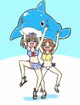  2girls :d ^_^ arms_up bikini blue_sandals blush_stickers bow bow_bikini breasts brown_hair cleavage closed_eyes collarbone commentary_request diagonal-striped_bikini diagonal-striped_clothes earrings grey_hair hoop_earrings hori_yuko idolmaster idolmaster_cinderella_girls inflatable_dolphin inflatable_toy jewelry katagiri_sanae leg_up long_hair low_twintails medium_breasts mismatched_bikini multiple_girls navel no_nose open_mouth orange_sandals ponytail red_bow sandals side-tie_bikini_bottom sidelocks smile striped_bikini striped_clothes swimsuit teeth torako_(toramaru) twintails upper_teeth_only 