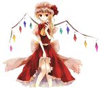  aeolus apple blonde_hair clothes_grab dress flandre_scarlet food fruit hat hat_ribbon holding puffy_short_sleeves puffy_sleeves red_dress red_eyes ribbon short_sleeves side_ponytail simple_background solo touhou white_background wings 
