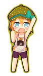  arm_up bike_shorts blue_eyes cabbie_hat camera chibi flat_chest hat ico_(green_bullet) looking_at_viewer open_mouth orange_hair original simple_background solo white_background 
