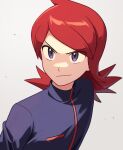  1boy chueog closed_mouth grey_background highres jacket long_hair male_focus pokemon pokemon_hgss portrait purple_eyes purple_jacket red_hair shadow silver_(pokemon) simple_background solo 