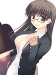  blazer breasts brown_eyes brown_hair cleavage glasses jacket large_breasts long_hair open_clothes open_shirt original pantyhose pantyhose_pull school_uniform shirt sleeves_past_wrists solo takano_miki 