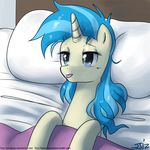  allie_way_(mlp) bed bed_sheet bed_sheets blue_eyes blue_hair covers ears_up equine female feral friendship_is_magic hair horn horse in_bed john_joseco looking_away lying mammal my_little_pony on_back pillow pointy_ears pony solo tongue tongue_out two_tone_hair unicorn white_horn yellow_skin young 