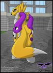  3_fingers back black_nose black_sclera blue_eyes breasts building butt canine chest_tuft digimon elti7 female fox fur gloves hand_on_butt hands_on_hips looking_at_viewer looking_back mammal nude paws pose renamon side_boob solo standing street tuft yellow_fur 