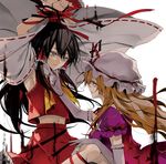  armpits arms_up black_hair blonde_hair bound bow cover detached_sleeves dress elbow_gloves gloves grey_eyes hair_bow hair_tubes hakurei_reimu hand_on_own_chin hat hat_ribbon long_hair long_sleeves midriff minakata_sunao multiple_girls navel puffy_sleeves purple_dress purple_eyes ribbon shirt short_sleeves skirt skirt_set tied_up touhou very_long_hair white_gloves wide_sleeves yakumo_yukari yuri 