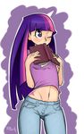  blush book denim flcl-prinny jeans long_hair midriff multicolored_hair my_little_pony my_little_pony_friendship_is_magic one_eye_closed pants personification pink_hair purple_eyes purple_hair signature solo streaked_hair tattoo twilight_sparkle 