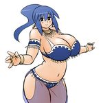  1girl arabian_clothes armlet bikini black_eyes blue_bikini blue_hair bracelet breasts cleavage dancing earrings esenoji harem_outfit huge_breasts jewelry large_breasts long_hair milf navel necklace nt-tan os-tan plump ponytail ring see-through simple_background solo standing swimsuit white_background 