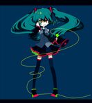  aqua_hair bad_id bad_pixiv_id detached_sleeves ebara_(xxpeppo) full_body hand_on_own_face hatsune_miku heterochromia long_hair megaphone necktie shoes simple_background skirt solo thighhighs twintails very_long_hair vocaloid zettai_ryouiki 