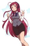  ahoge banchii bow bowtie braid double_v formal green_eyes hataraku_maou-sama! headset long_hair no_legwear office_lady pencil_skirt red_hair skirt skirt_suit solo suit thighs v very_long_hair vest yusa_emi 