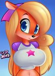 2013 blonde_hair blue_background blue_eyes breasts bust coco_bandicoot crash_bandicoot female furry large_breasts long_hair navel orange_skin plain_background shirt sif smile solo standing 