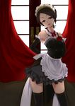  apron bad_id bad_pixiv_id black_legwear brown_eyes brown_hair curtains detached_collar flower headdress highres hukasikasi idolmaster idolmaster_cinderella_girls maid maid_headdress rose short_hair thighhighs tougou_ai 