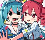  2girls absurdres auhuheben17 black_choker black_necktie blue_hair blush bright_pupils choker dress drill_hair hair_between_eyes hat hatsune_miku highres kasane_teto kepi mesmerizer_(vocaloid) military_hat multiple_girls necktie open_mouth pinstripe_dress pinstripe_pattern red_eyes red_hair red_hat sailor_collar sharp_teeth shirt short_sleeves solid_oval_eyes striped_clothes striped_shirt suspenders sweat teeth tongue tongue_out twin_drills twintails utau visor_cap vocaloid white_pupils white_shirt 