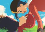  2boys backwards_hat baseball_cap black_hat blue_eyes blue_hair blue_jacket blue_sky chueog closed_mouth cloud ethan_(pokemon) grass hand_on_own_chest hat highres hood hood_down hooded_jacket jacket light_blush long_hair looking_at_another lying male_focus multiple_boys on_back on_grass open_mouth pokemon pokemon_hgss red_hair red_jacket silver_(pokemon) sky 