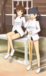  animal_ears black_eyes black_hair breasts brown_eyes brown_hair buttons eyepatch hand_on_shoulder medium_breasts military military_uniform multiple_girls rasielcochma sakamoto_mio sitting strike_witches takei_junko uniform world_witches_series 