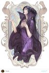  art_nouveau bad_id bad_pixiv_id black_hair cape character_name dieselburns dress hair_ornament hands jewelry karla_(record_of_lodoss_war) lipstick makeup necklace official_art ponytail pose purple_dress record_of_lodoss_war witch 