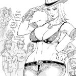  1boy 6+girls absurdres american_flag american_flag_bikini american_flag_print ayane_(doa) bb_(baalbuddy) belt bikini cowboy_hat dead_or_alive english_commentary english_text flag_print gloves hat highres horseshoe_pendant kasumi_(doa) lei_fang marie_rose monochrome multiple_girls navel nyotengu pants pointy_ears print_bikini swimsuit tina_armstrong zack_(doa) 