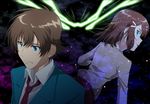  1girl blue_eyes braid brown_hair green_eyes hair_ornament hairclip kakumeiki_valvrave looking_back mototenn necktie sashinami_shouko short_hair skirt tokishima_haruto 