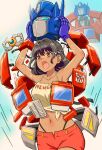  1girl bare_shoulders black_hair blush breasts brown_eyes collarbone dark-skinned_female dark_skin fang gloves highres komagoma kotobukiya_bishoujo matrix_of_leadership medium_breasts navel open_mouth optimus_prime purple_gloves red_shorts shirt shorts starscream starscream_(kotobukiya_bishoujo) sweat tank_top thong transformers undressing yellow_shirt 