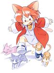  animal animal_ears bare_legs bell blue_footwear blush cat cat_ears cat_girl cat_tail coat full_body jingle_bell long_sleeves looking_down nose_blush open_clothes open_coat open_mouth orange_eyes orange_hair original oyatsu_(mk2) red_coat short_hair simple_background solo standing tail walking wavy_mouth white_background wide_sleeves worried 