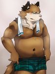 blue_eyes blush brown_fur canine chubby clothing fox fur it_came_to_(artist) male mammal nipples overweight pecs pubes shorts solo sweat towel undressing unknown_artist 