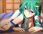  1girl bed_sheet blue_eyes blush breasts cleavage embarrassed female fingers green_hair hair_ornament hands highres japanese_clothes kochiya_sanae large_breasts long_hair looking_at_viewer lying on_stomach solo touhou wooden_floor yadokari_genpachirou 