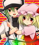  1girl arm_grab bad_id bad_pixiv_id blonde_hair bracelet crossover flandre_scarlet green_eyes green_hair hat hat_ribbon high_collar horizontal-striped_background jacket jewelry laevatein looking_at_viewer mob_cap n_(pokemon) open_mouth pendant pokemon pokemon_(game) pokemon_bw red_eyes ribbon short_hair short_sleeves side_ponytail striped striped_background touhou vest wings yuka_yukiusa 