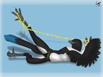  avian beak black_beak black_feathers blue_background breasts camel_toe claws corvid equalicus female lying magpie on_side panties plain_background shadow solo toe_claws topless underwear winged_arms wings 