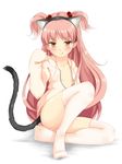  :q animal_ears ass blush fake_animal_ears flat_chest hair_bobbles hair_ornament highres hood hood_down hoodie long_hair looking_at_viewer mikane_sebiri naked_hoodie no_bra no_shoes open_clothes open_shirt original peperoncirno pink_hair pink_legwear shirt sitting sleeves_past_wrists solo sweater tail thighhighs tongue tongue_out two_side_up yellow_eyes 
