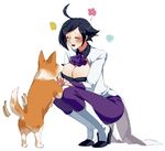  ahoge black_hair boots breasts cleavage closed_eyes dog elisabeth_blanctorche flower full_body happy large_breasts muse_(rainforest) short_hair simple_background smile solo tail tail_wagging the_king_of_fighters welsh_corgi white_background 