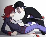  2boys backwards_hat baseball_cap belt black_bodysuit black_hat blue_hair bodysuit boots chueog cosplay ethan_(pokemon) gloves gradient_background grey_background grey_belt grey_gloves hat highres holding holding_poke_ball jacket long_hair looking_at_another male_focus multiple_boys on_one_knee open_mouth pants parted_lips poke_ball poke_ball_(basic) pokemon pokemon_hgss purple_eyes purple_jacket purple_pants red_hair shadow silver_(pokemon) simple_background sitting sweatdrop team_rocket team_rocket_grunt team_rocket_grunt_(cosplay) team_rocket_uniform 
