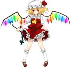  ascot bad_id bad_pixiv_id blonde_hair bloomers fang flandre_scarlet full_body hat hat_ribbon highres kneehighs laevatein looking_at_viewer mary_janes mob_cap open_mouth pigeon-toed puffy_short_sleeves puffy_sleeves red_eyes ribbon shoes short_hair short_sleeves side_ponytail simple_background skirt skirt_set solo touhou underwear white_background wings wrist_cuffs yuka_yukiusa 