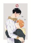  2boys adam&#039;s_apple black_eyes black_hair blush border collared_jacket commentary cowboy_shot haikyuu!! highres hinata_shouyou hood hood_down hoodie hug jacket kageyama_tobio long_sleeves male_focus multicolored_hoodie multiple_boys muri12220621 orange_hair outside_border parted_lips popped_collar profile small_sweatdrop sound_effects sweat upper_body white_border yaoi 