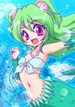  :d green_hair jewelry kisaragi_miyuki long_hair mermaid midriff monster_girl muromi-san namiuchigiwa_no_muromi-san necklace open_mouth red_eyes scales seashell shell smile solo twintails two_side_up 