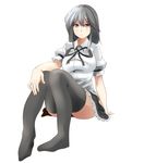  bad_id bad_pixiv_id black_hair black_legwear breasts large_breasts looking_at_viewer no_hat no_headwear open_mouth red_eyes shameimaru_aya shirt short_hair short_sleeves sitting skirt solo thighhighs touhou yoxtut 