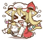  &gt;_&lt; :d adomi animal_ears blonde_hair cat_ears cat_tail character_doll closed_eyes doll fang flandre_scarlet flying_sweatdrops happy hat kemonomimi_mode kirisame_marisa no_shoes o_o open_mouth ribbon short_hair side_ponytail smile socks sweat tail touhou wings xd 