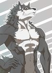  abstract_background anthro biceps black_nose blush canine fangs fur grey_background grin looking_at_viewer male mammal muscles nipples nude pecs plain_background pose red_eyes simon11028 smile solo standing teeth toned white_background wolf 