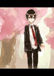  black_eyes black_hair cherry_blossoms jianmo_sl kirito male_focus necktie school_uniform solo sword_art_online tree 